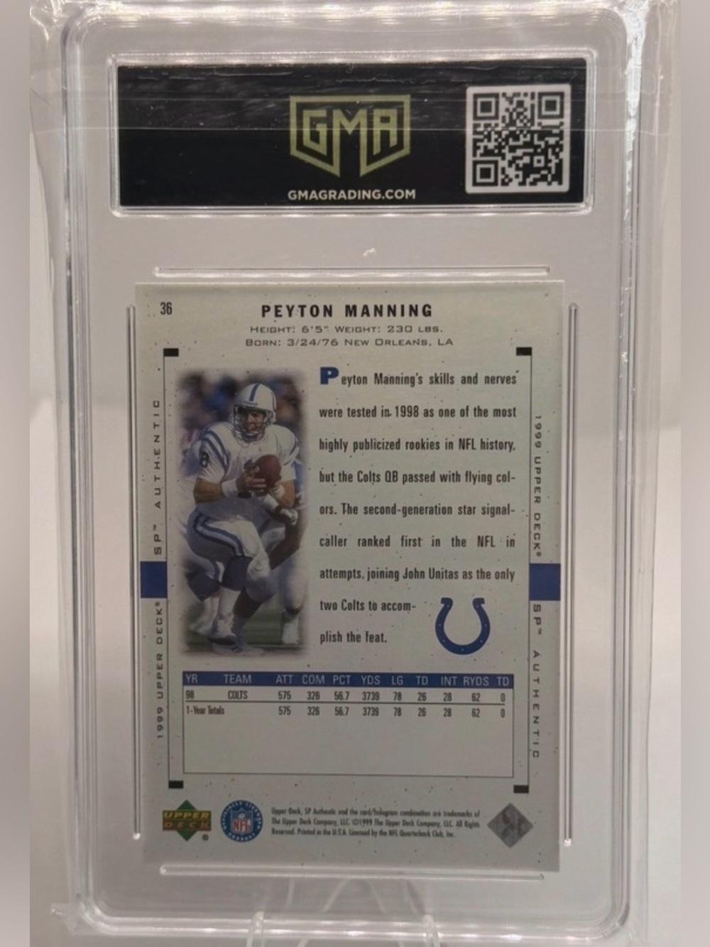 Peyton Manning 1999 SP Authentic Card - Indianapolis Colts SLABBED
GEM MINT 10 - Picture 4 of 6